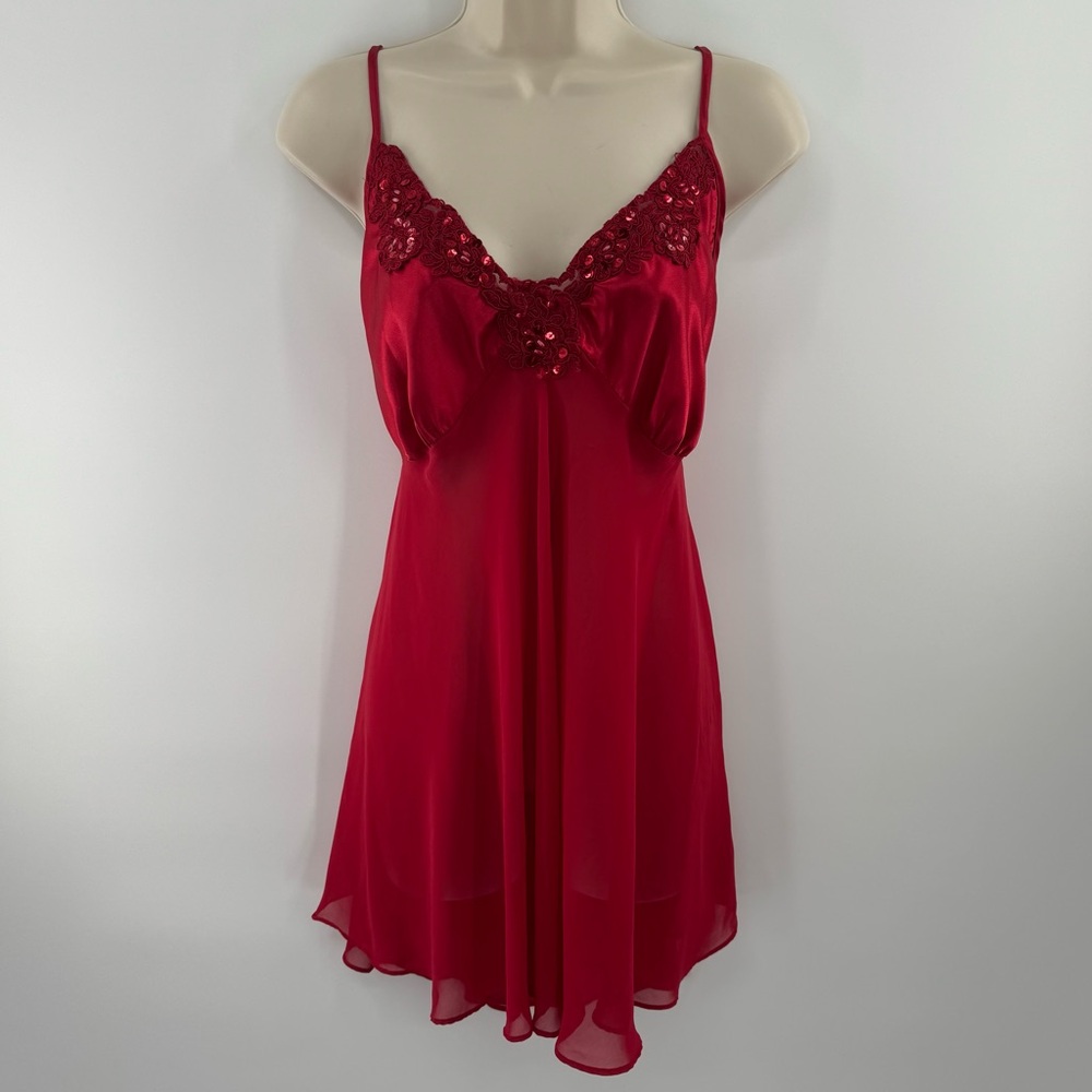 Vintage California Miss Red Chiffon Lace Slip Dress XL (C1)